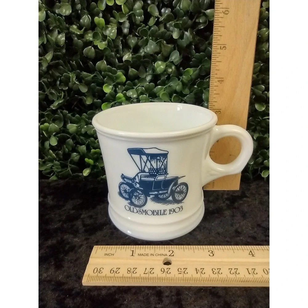 Vintage Surrey Milk Glass Shaving Mug 1903 Oldsmobile Blue Graphic Made in USA